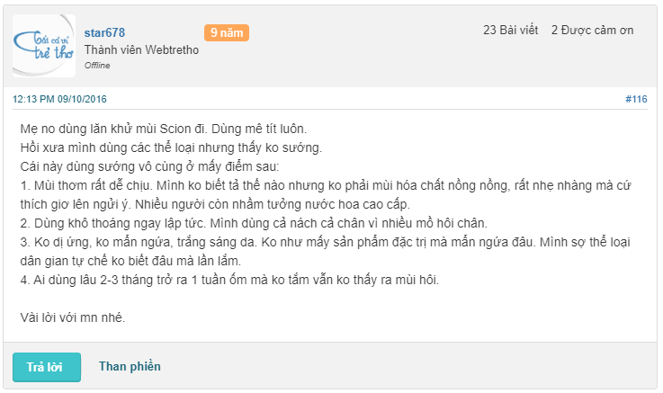 REVIEW LĂN KHỬ MÙI SCION TỪ WEBTRETHO