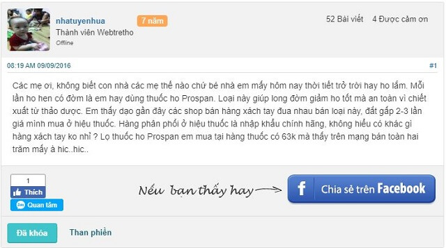 1 số đánh giá thuốc ho prospan